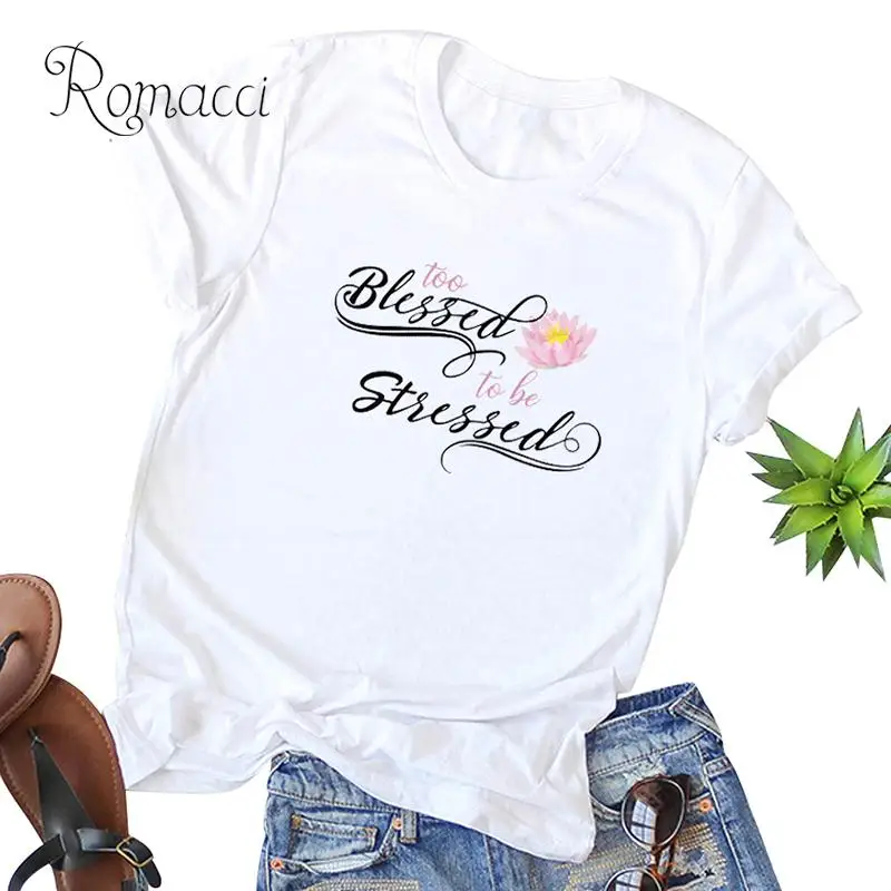 

Romacci Summer Women Casual Cotton T-Shirt too-Blessed-to-be-Stressed Letter Print Plus Size Tshirt O Neck Short Sleeve Cute Top