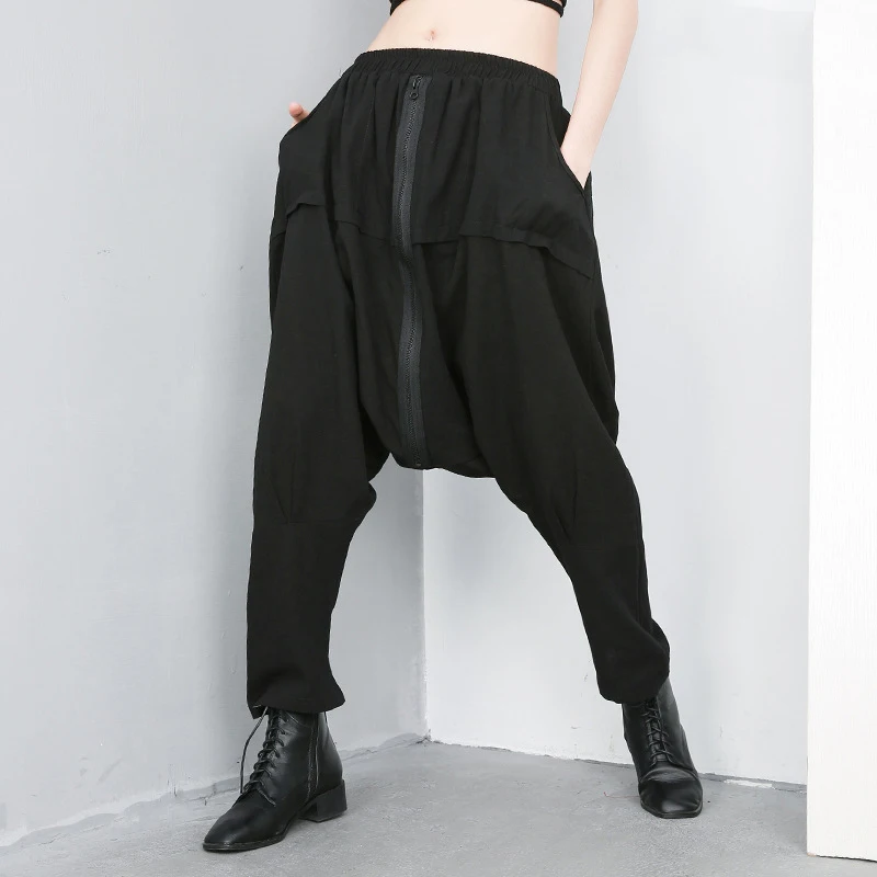 

Summer High Elastic Waist Low Drop Crotch Women Trousers Zipper Split Joint Loose Harem Pants Baggy Irregular Gothic Pants A9165