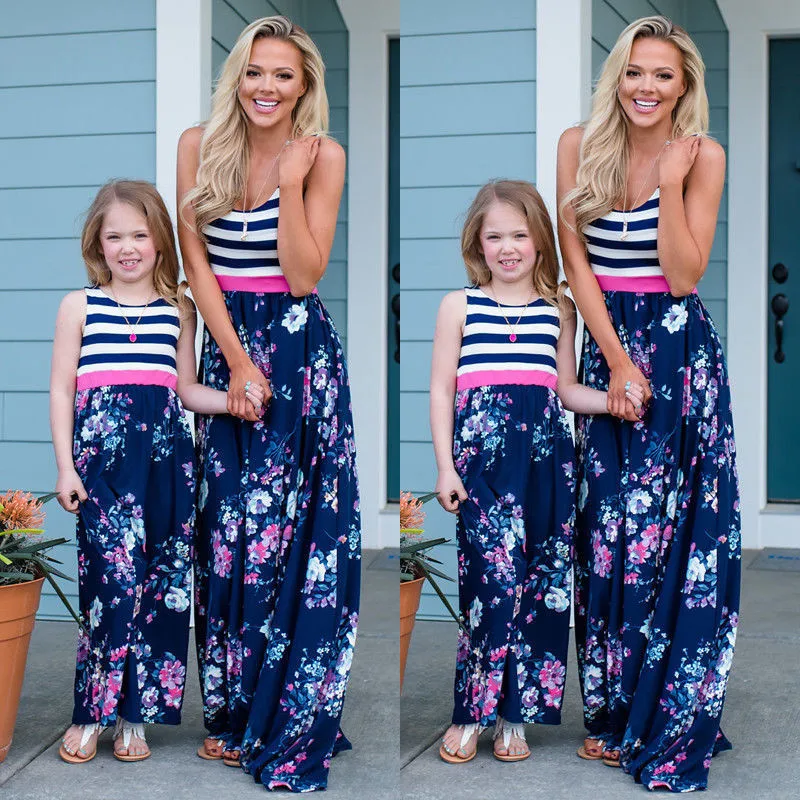 

PUDCOCO Fashion Newest Mother Daughter Matching Dress Women Girl Family Striated Floral Casual Summer Sleeveless Sundress