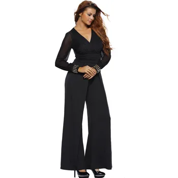 

Women V Neck Rivet Jumpsuit Black Sexy Chiffon Romper Loose Wide Leg Pants