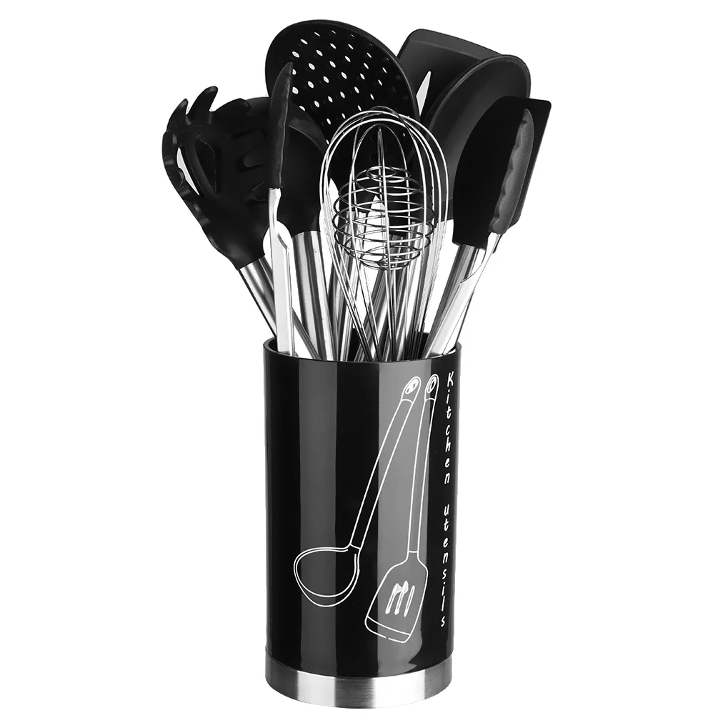 

9pcs Non-stick Kitchen Utensil Set Silicone Stainless Steel Tongs Scraper Whisk Spoon Ladle Strainer Spatula with Storage Bucket