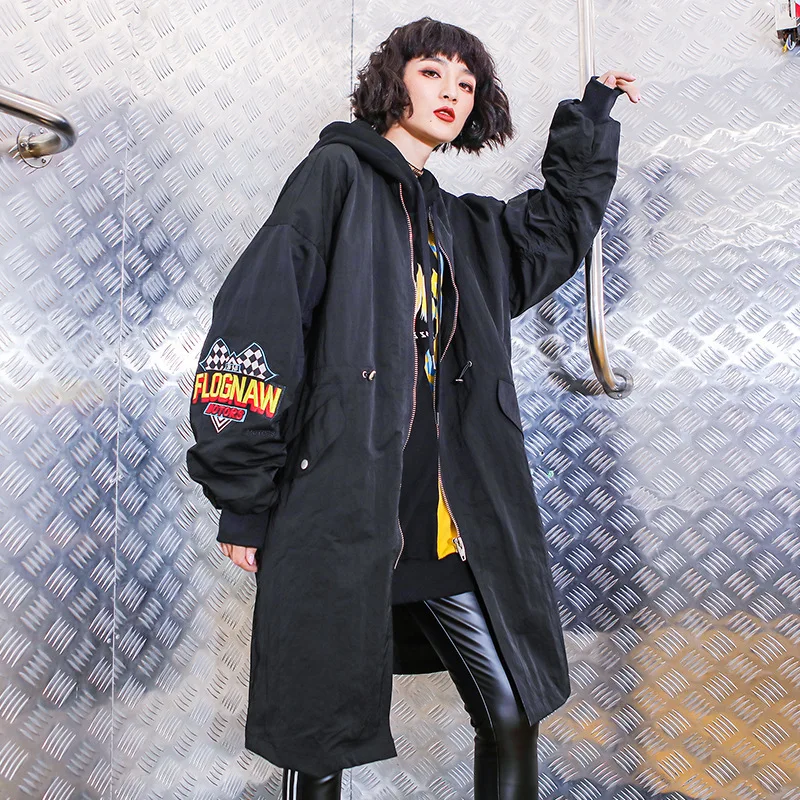 Cardigan Coupe Marée Manteau vent 5545 Streetwear Automne Tranchée Capuchon Noir Surdimensionné À Hop Lâche Femmes Hip Harajuku Long TnTYX4q1