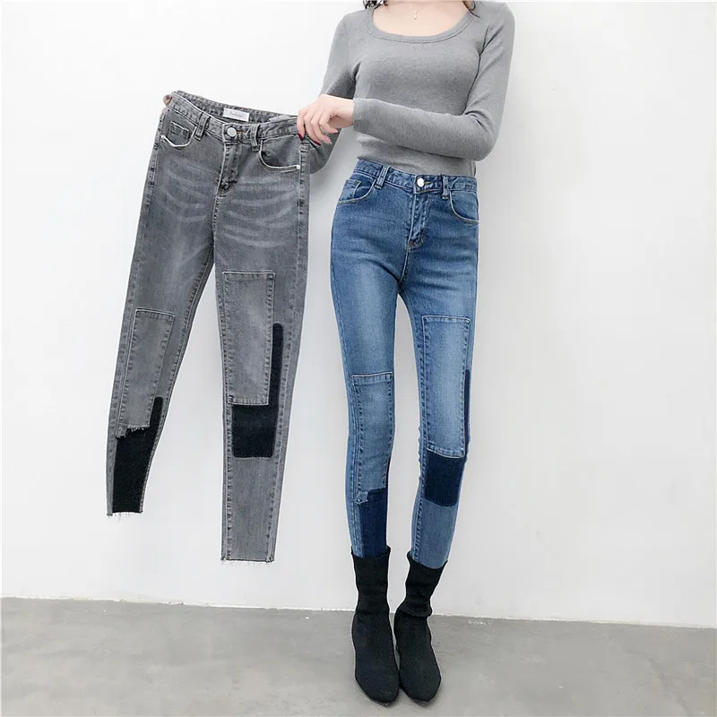 

Spring Summer Women's Ankle-Length Pants Skinny Cotton Jeans Patch Color Nine Points Jeans Female Pencil Pants