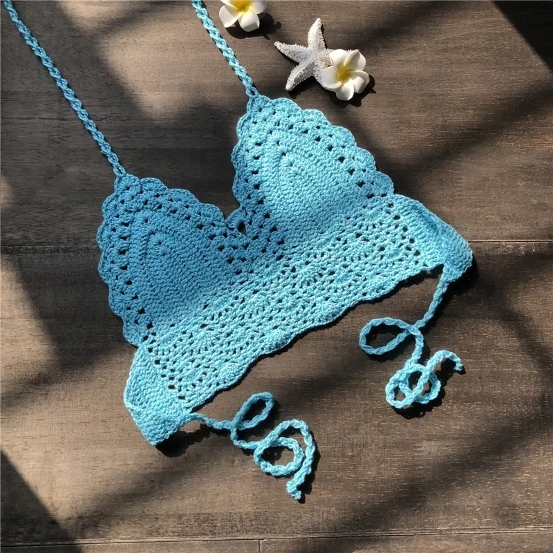 CROCHET BIKINI 2019 Sexy Top Handmade Knit Crochet Crop Top Women Summer Swimwear Camisoles Push Up Beach Tanks Halter Yoga Bras