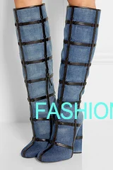 

Blue Denim Boots Long Shoes Black Fur Winter Boots Round toe Chunky heels Knee high Fashion T Show Boots Real Pics Size 42