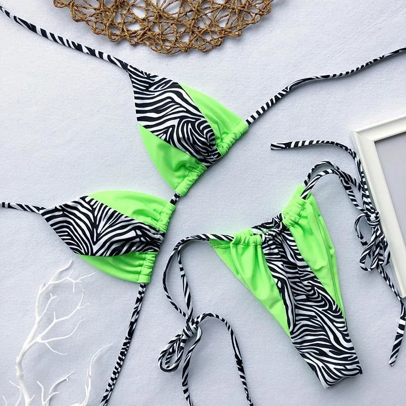 

Micro Bikini Triangle Sexy Swimsuit Thong Patchwork Swimwear Cheeky Bikini Thong Strappy Swimsuit Leopard Bikinis Neon Green