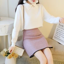 Корейский модный костюм для студентов, зимний свитер и шерстяная юбка, Двухсекционный наряд, женский комплект одежды, vestido, вязаный Топ, свитера