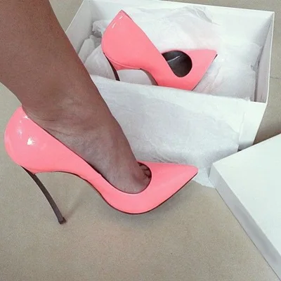 

Women Fluorescence Pink Patent Leather Pointed Toe Stiletto Heels Shallow Pumps Concise Metal Heel Design Charming Dress Shoes