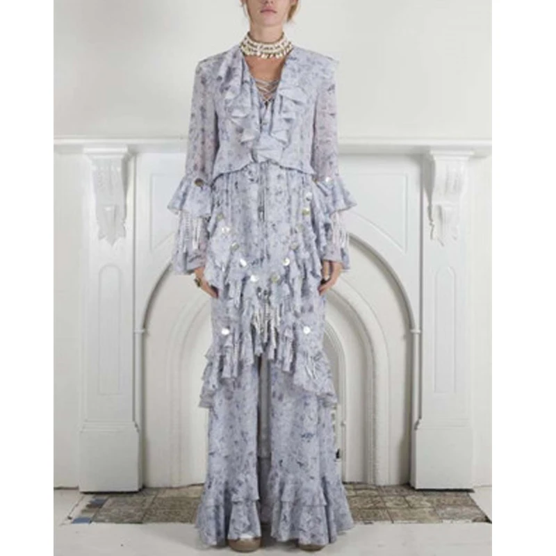 

High Quality V Neck Sequined Tassel Female Dress Fashion Chic Long Flare Sleeve Ruffles A-line Long Dress 2019 Summer Clothes