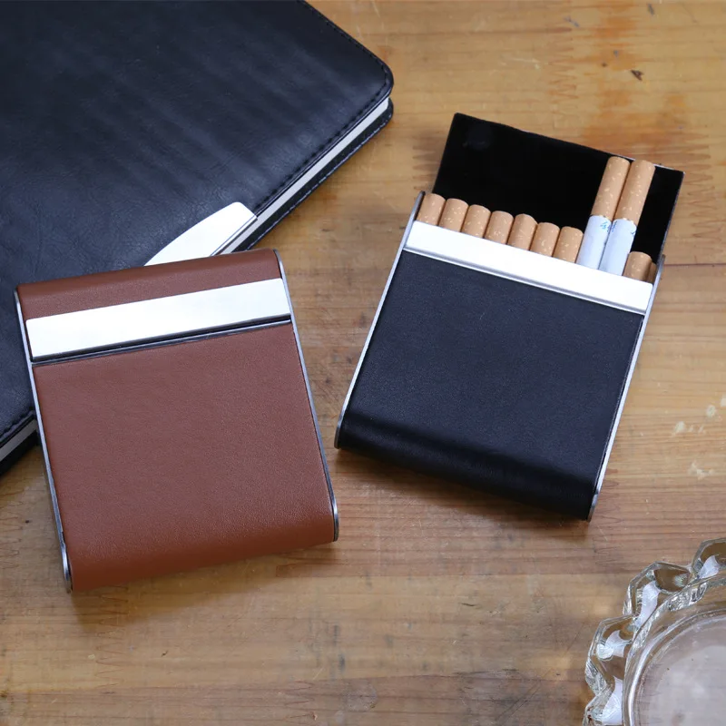

Fashion Trendy Leather Cigarette Boxes High Quality Thin Aluminum Metal Cigarette Box Wire Drawing Mini Tobacco Storage Box