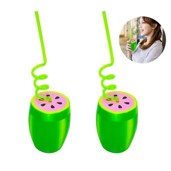 

2Pcs Creative Cute Plastic Watermelon Shape With Lid Cup Big Belly Drink Cup Children's Hawaiian Party Decoration Supplies