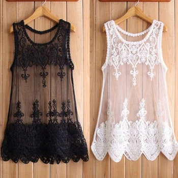 

Summer Beach Match Plus Women Mesh Lace Blouses Shirts Embroidered Flowers Sleeveless Perspective Tank Tops S-6XL