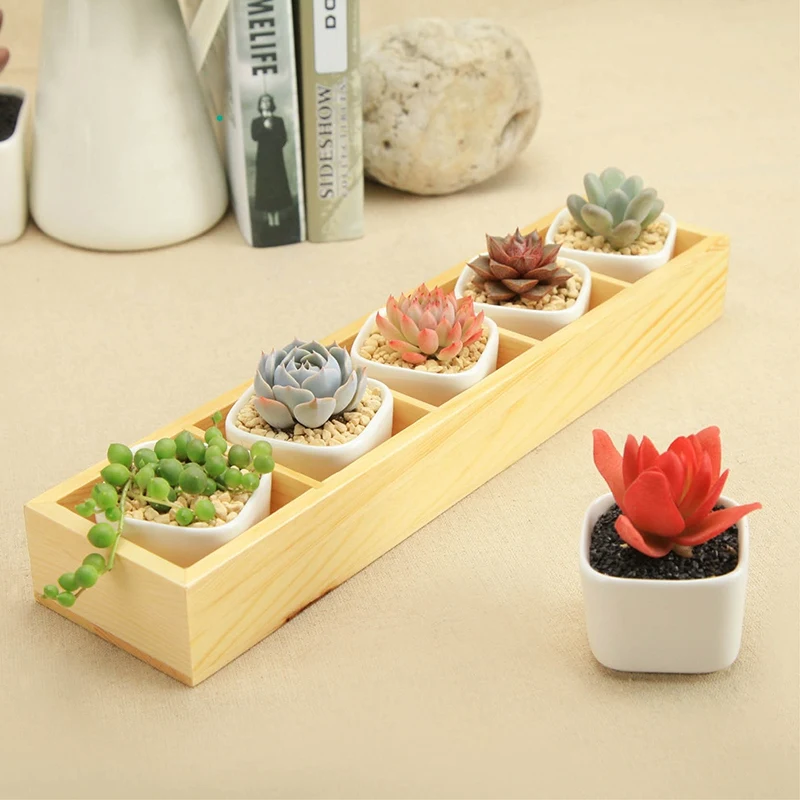 

1Set Of Modern Decorative Small White Square Ceramic Succulent Plant Pot Home Decor 5 Flower Planters With 1 Wooden Tray Box