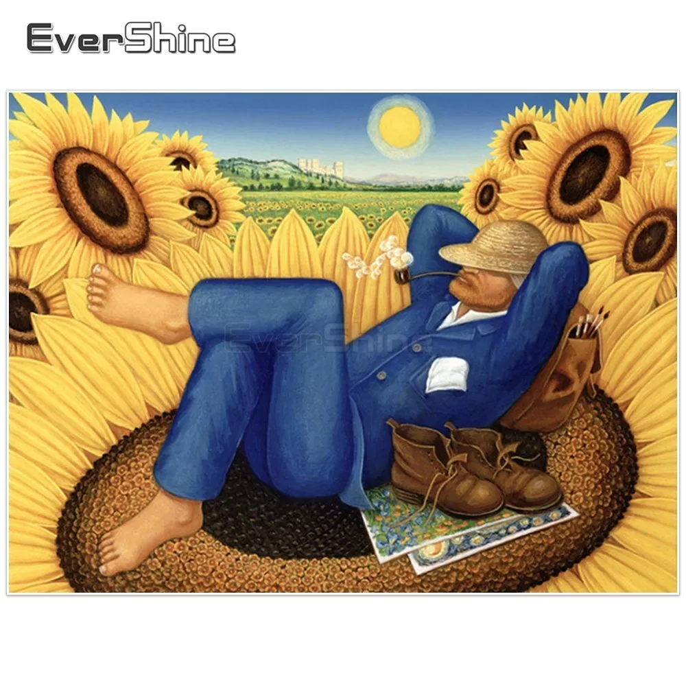 EverShine Diamond Mosaic Full Round Rhinestones Painting Cross Stitch Sunflowers Farmer Home Decoration | Дом и сад