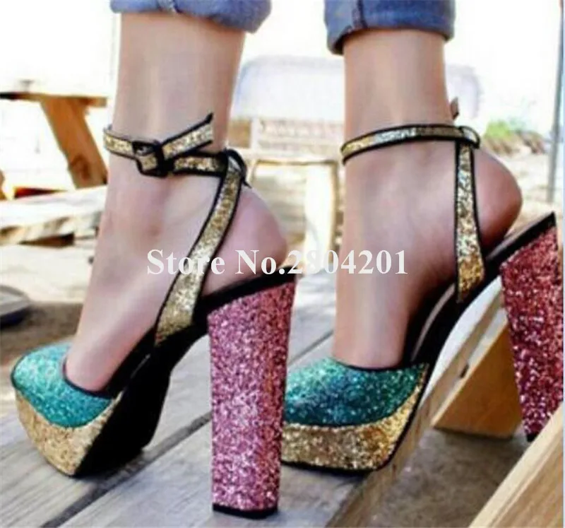 

Women Fashion Bling Bling Peep Toe Sequined High Platform Chunky Heel Sandals Gold Silver Ankle Strap Thick High Heel Sandals