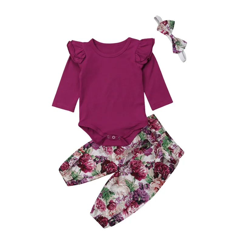 

Newborn Baby Girls Clothing Set Autumn Purple 3 Pcs Baby Clothes For Girls Long Sleeve Floral Bodysuit Pants Princess Outfits