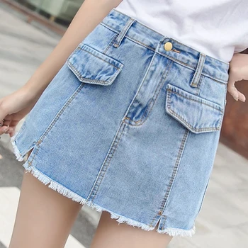 

Women Summer Casual High Waist A-line Mini Skirts Denim Skirts High Street Pockets All-matched Saias Jeans Skirt Blue Black