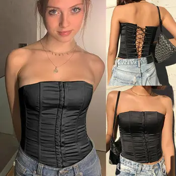 

New Women Off Shoulder Ladies Sleeveless Slim Open Back Bandage Tube Tops Blouse Clothing Strapless Soft Casual Clothes