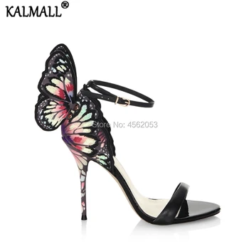 

KALMALL Black Pink Leather Embroidered Butterfly Wings Sandals Ladies Party Wedding Shoes Pumps Ankle Strap Open Toe High Heels