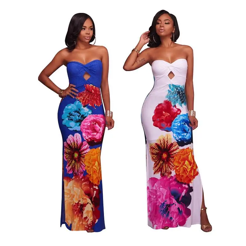 

Big Flower Printed Strapless Dress Women Elegant Hollow Out High Split Sexy Party Dresses Digital Printed Maxi Dress Vestidos