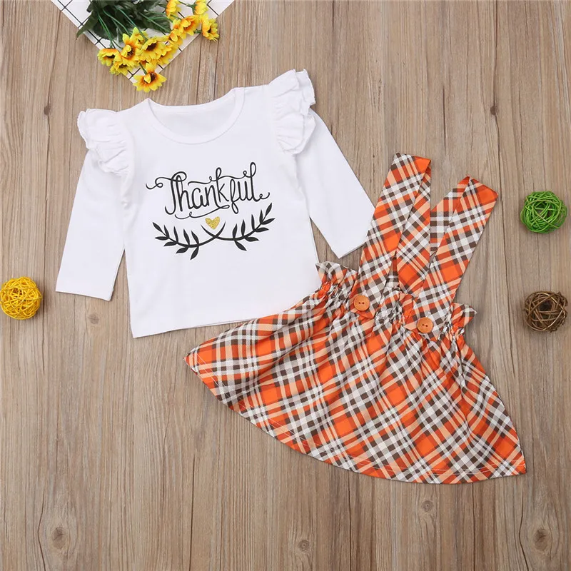 

Autumn Long Sleeve T-shirt Tops Princess Strap Plaid Skirt Girl Clothing 2PCs Thanksgiving Day Toddler Kids Girls Clothes Set