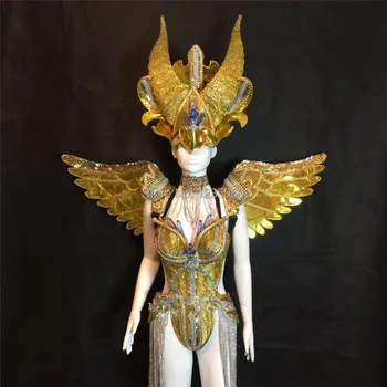 

Fashion Carnival Gold Evening Dress Wings Catwalk DS Ballroom Costume Stage Performance Dance DJ Singer Cosplay TV Show Clothes