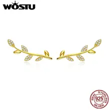 WOSTU, высокое качество, 925 пробы, Серебряный цветок, листья, серьги-гвоздики, циркон, маленькие золотые серьги для женщин, свадебные украшения CQE556