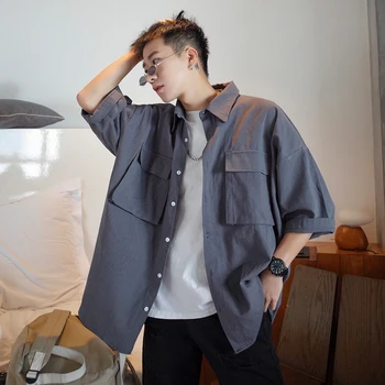 

2019 Summer Men's Solid Color Pocket Shirt Work Clothes Short Sleeve Loose Lapel Collar Grey/black/khaki Color Shirt Size S-XL