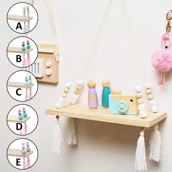 

Wood Wall Rope Floating Storage Shelf Organization Hanging Shelves DIY Beads Swing Shelves for Kids Room Home Vase Display Decor