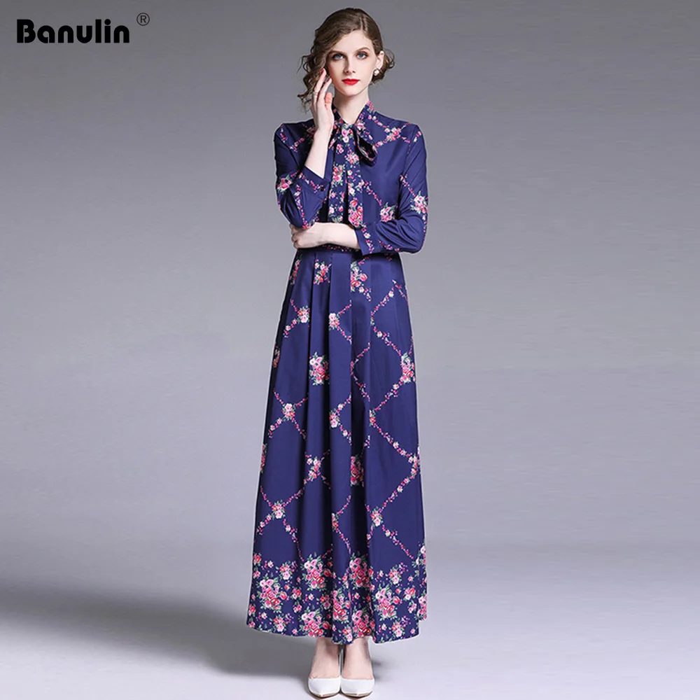 

Banulin 2019 Newest Brand Runway Long Dresses Women's Long Sleeve Bow Collar Vintage Floral Print Vacation Party Dress B8808