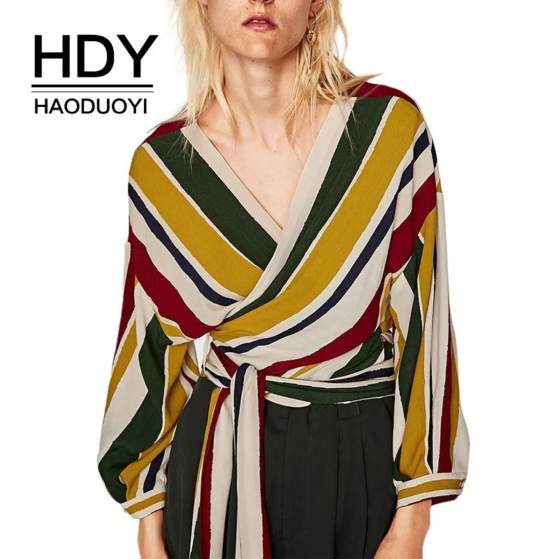 

HDY Haoduoyi Color Striped V Collar Kimono Blouse Simple V-neck Sexy Trend Wrap Cross Strap Fashion Tops