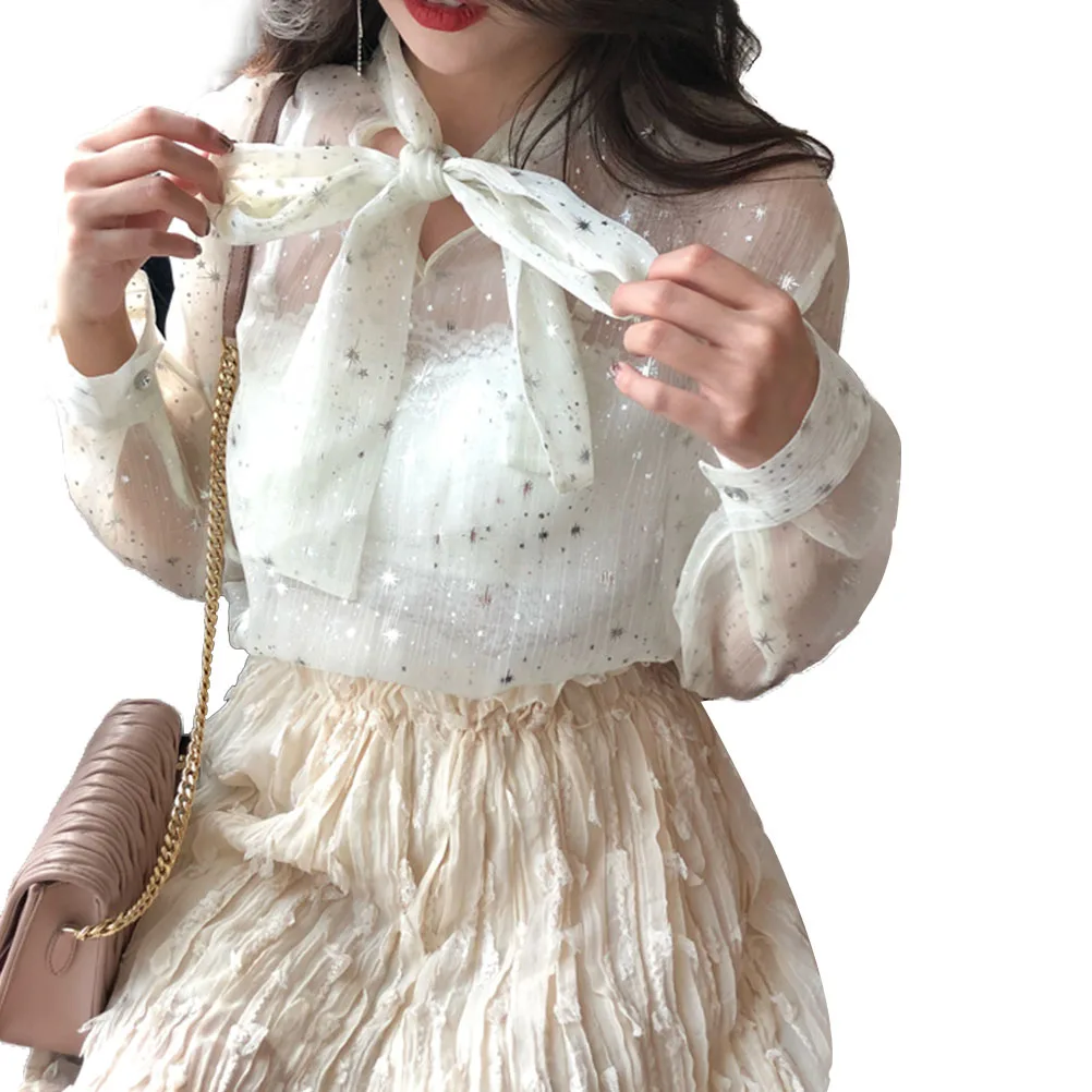  2019 New Ladies Shirts Shinning Star Bright Bow-Knot Blouse Lace Top Long Sleeves Shirt