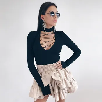 

2019 Summer Solid Turtleneck Cross Strap Sexy Bodysuits Hollow Out Long Sleeve Women Bodysuit Lace Up Slim Romper