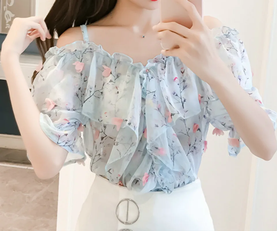 

XUXI Summer Sexy Mesh Women Short Sleeve Shirt Women's Loose Transparent Girl Lovely Tops Strapless Strap Shirt FZ217
