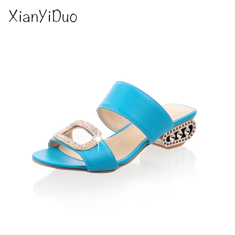 

summer Womens Shoes Strange Style outside slippers Crystal Middle Heel Metal Decoration big size 40-43 Orange yellow Blue /a-86