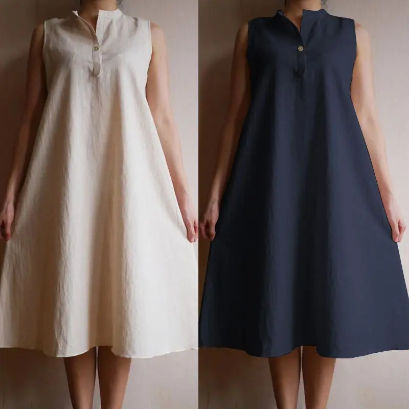 

Celmia Women Vintage Cotton Dress 2019 Summer Buttons Sleeveless Dress Casual Loose Shirt Sundress Solid Midi Vestidos Plus Size
