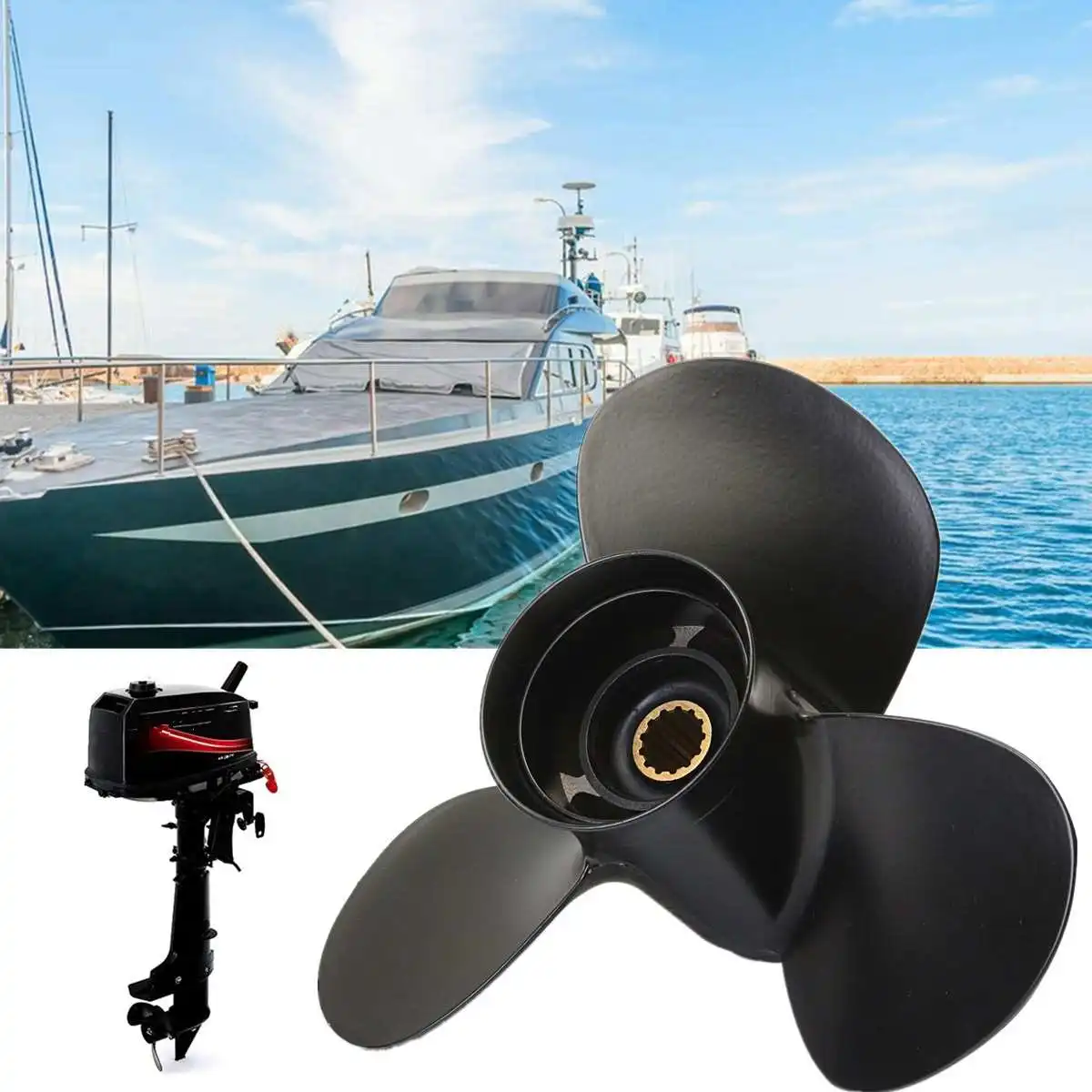 

48-73136A40 10 3/8 x 13 Aluminum Alloy Marine Outboard Propeller For Mercury 25-70HP 13 Spline Tooth R Rotation Black 3 Blades