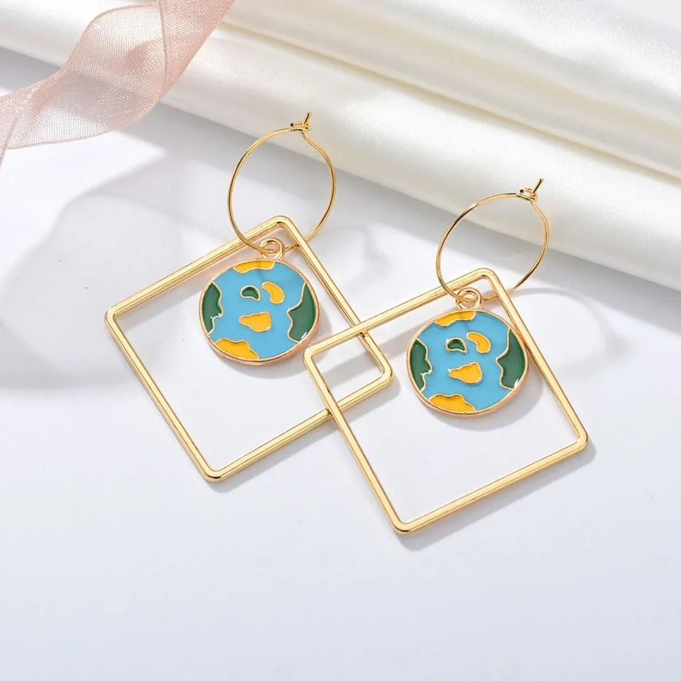 

Women Square With Earth Blue Ocean Drop Earings Cute Girl's Earring Female Drop Earrings Trendy Handmade Earring Jewelry