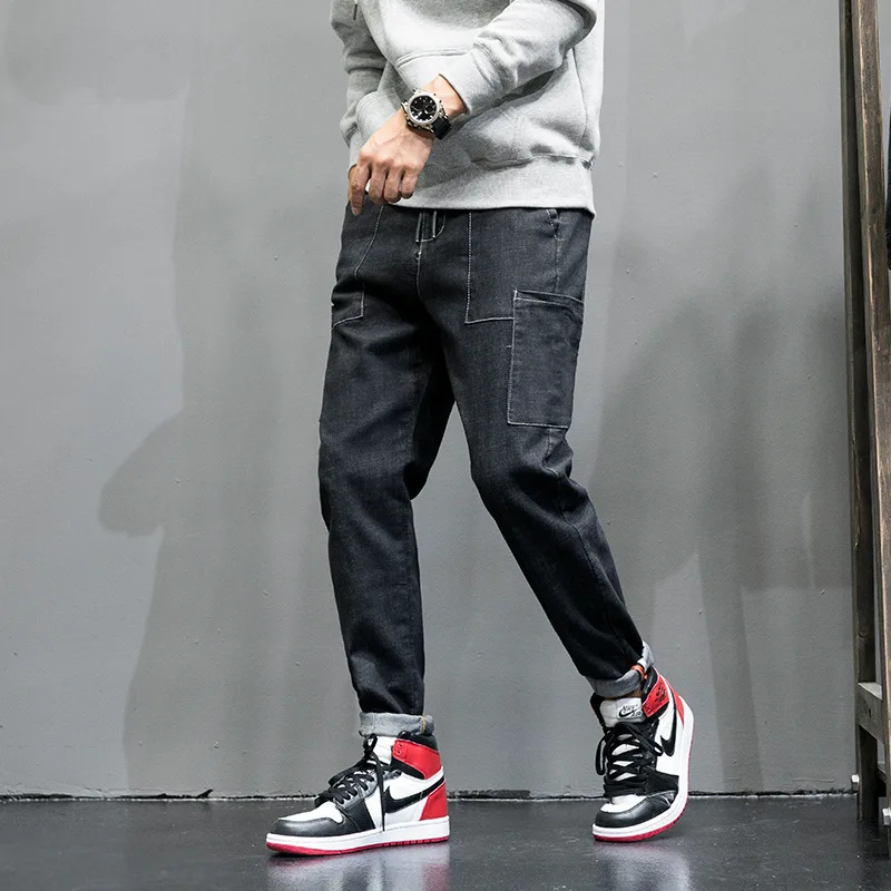 

#2038 Winter Japanese Streetwear Men Jeans Side Pockets Black Harem Jeans Plus Size 42 Jogger Jeans Men Full Length Fashions
