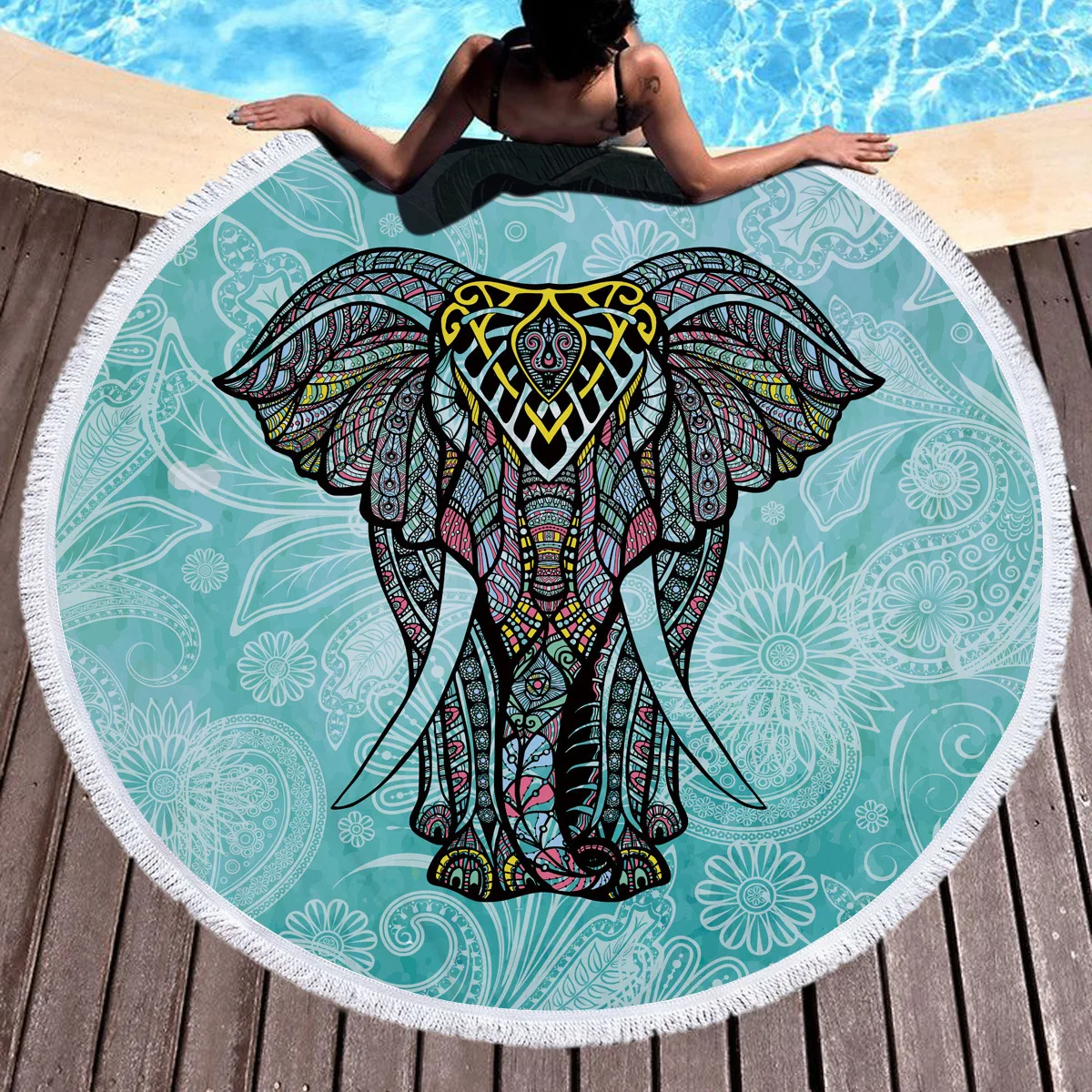 

150cm Bohemian Indian Mandala Beach Throw Large Round Elephant Beach Towel Picnic Blanket Mat Pool Tapestry Decoration Yoga Mat