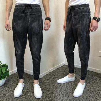 

Male Low drop Crotch denim Harem pants Punk Style Slim fit Swag Joggers Pants Plus Size Drawstring Sagging jean trousres FSH28