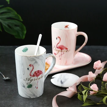 

400ml Flamingo Natural Marble Pattern Ceramic Coffee Mugs Tea Milk Cup Creative Wedding Anniversary Lover's Gift