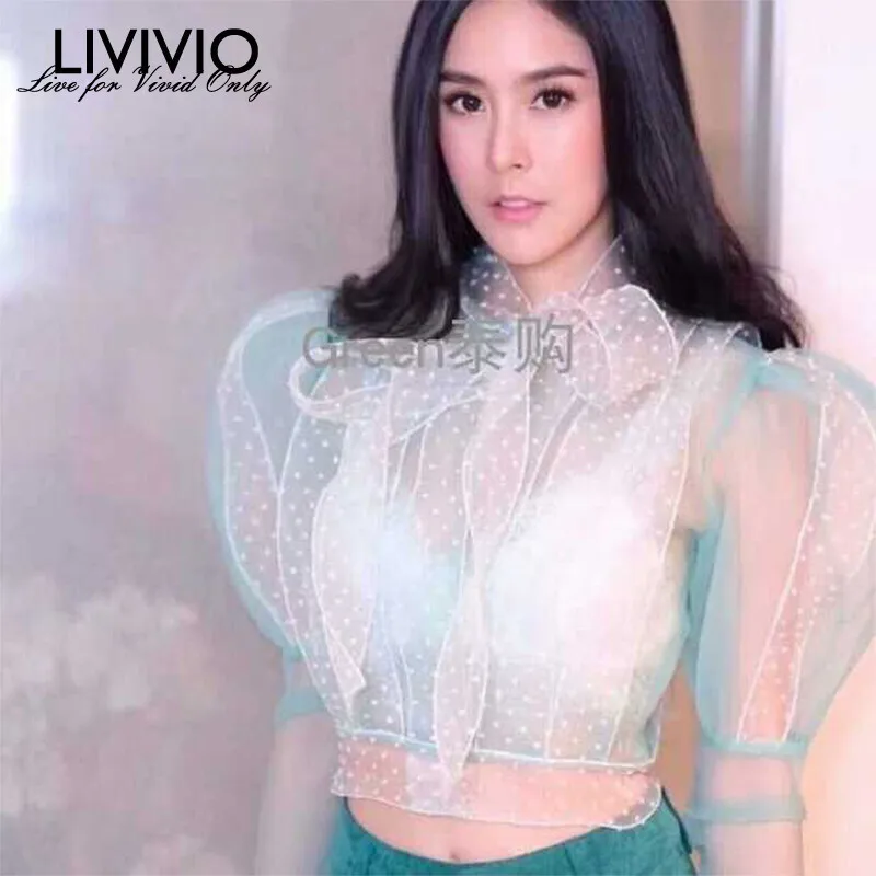 

[LIVIVIO] Vintage Long Lantern Sleeve Sheer Top 2019 Summer Crop Tops Shirt Lace Blouse Women Clothes Streetwear Korean Fashion