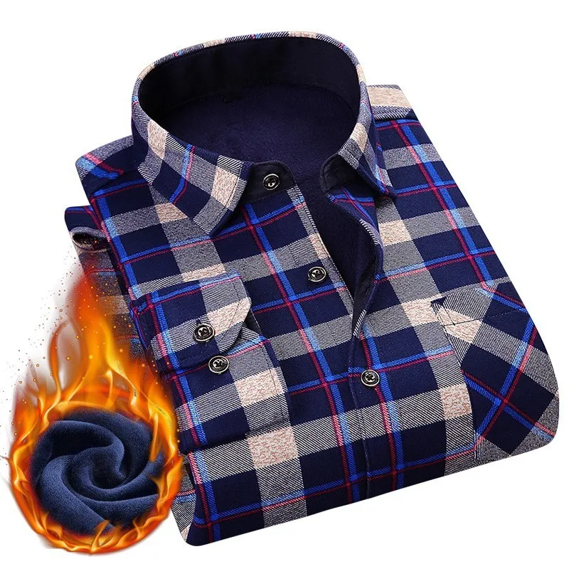 

Warm Thick Fleece Lining Shirt Men's Fashion Winter Warm Plush Slim Shirts Plaid Print Blouse For Men Casual Retro Clothes