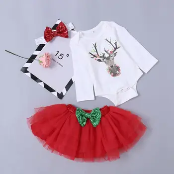 

3-piece-set Girl Skirt Long-Sleeved Top White Christmas Deer Head Print Red Mesh Short Skirt Red Hair Band Set