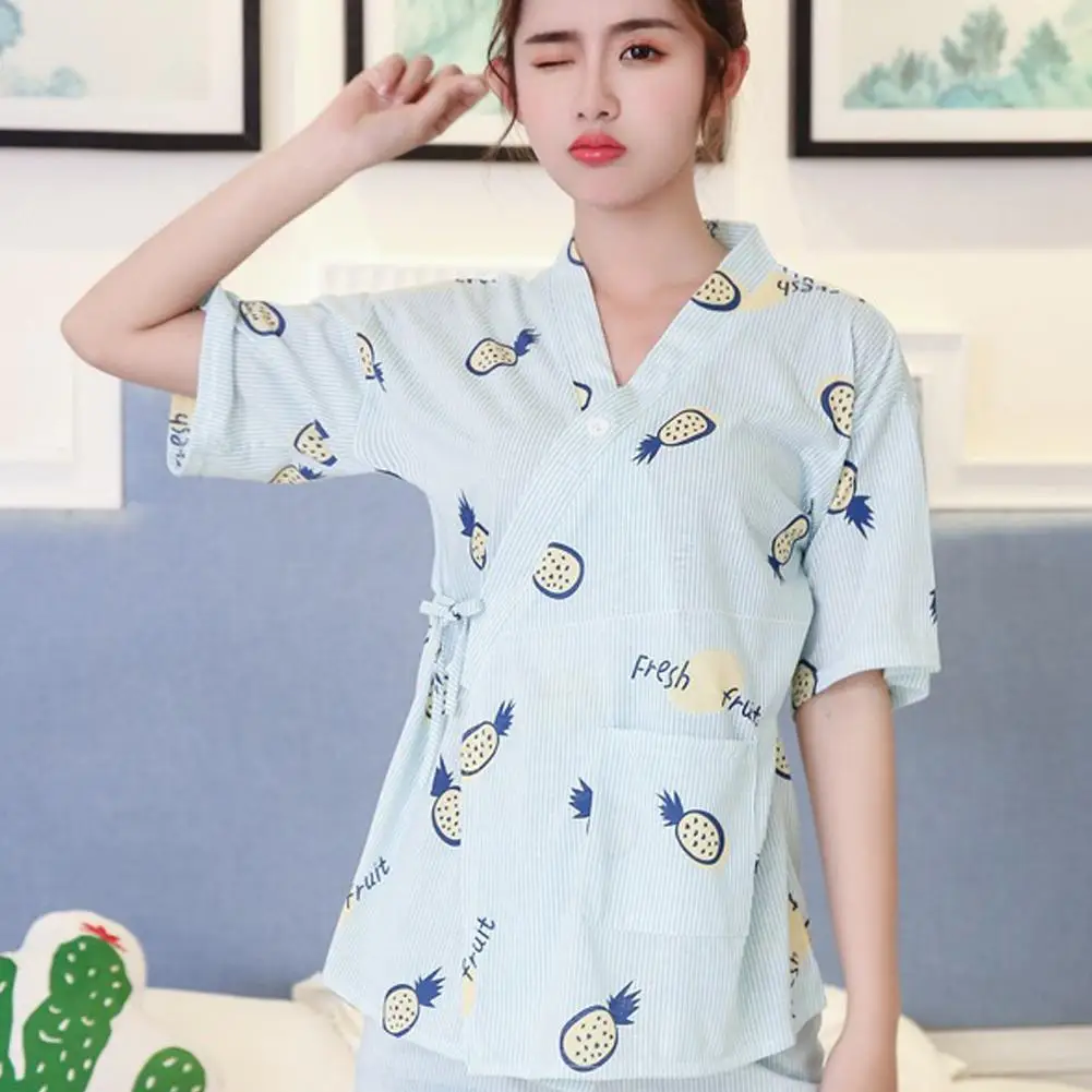 

Cute Cartoon Flower Pineapple Kimono Girl Pajama Set Short Sleeve Top and Pants
