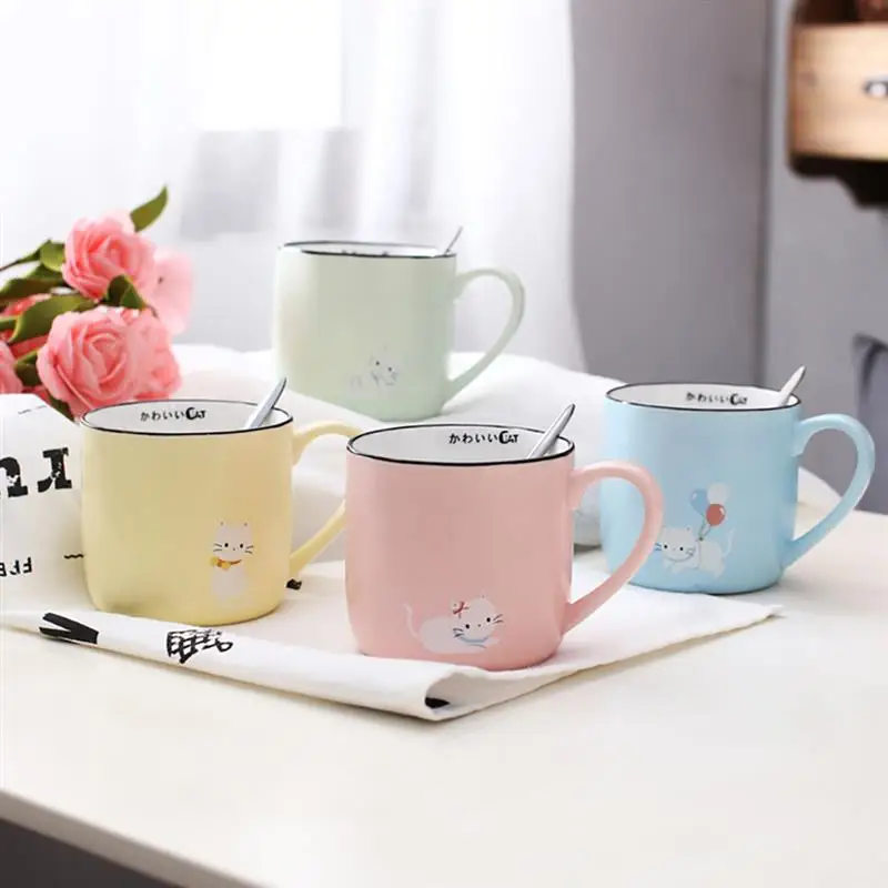 

Creative Ceramic Milk Mugs For Breakfast Cat Printed Juice Coffee Milk Mug Drinkware Coffee Tea Water Cup with Spoon Random
