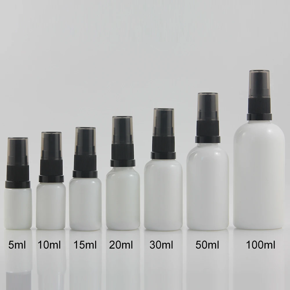 

5ml perfume atomizer refillable material bottles, Glass opal white packaging with black pump