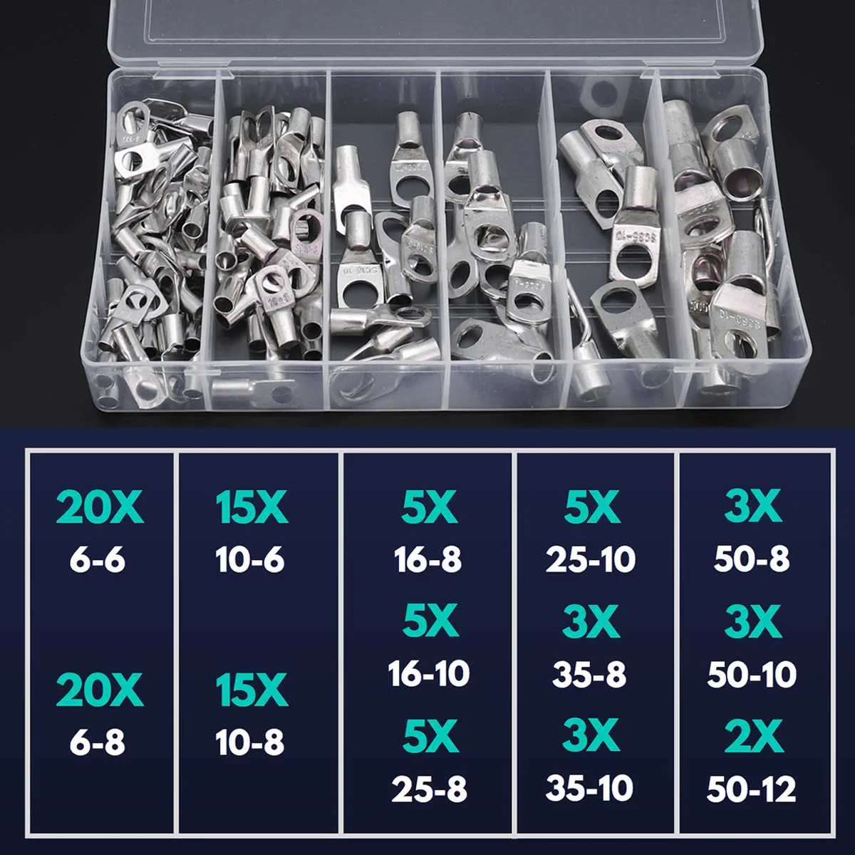 

104Pcs Copper Cable Lugs Kit 6mm2/10mm2/16mm2/25mm2/35mm2/50mm2 Terminal Block Wire Connectors