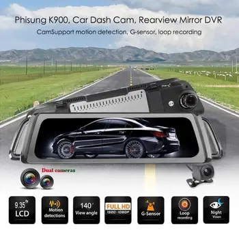 

Phisung K900 Car Dash Cam 9.35in IPS Touch Screen 1080p + 720p Rearview Mirror DVR Camera Driving Recorder